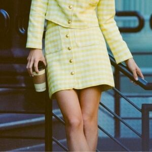 J. Crew Button Front Yellow White Gingham Tweed Preppy Skirt‎ Size 8